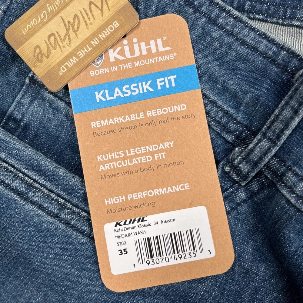 NEW KUHL Denim Klassik Fit Jeans Mens 35x34 Blue Medium Wash Stretch Zip 5200